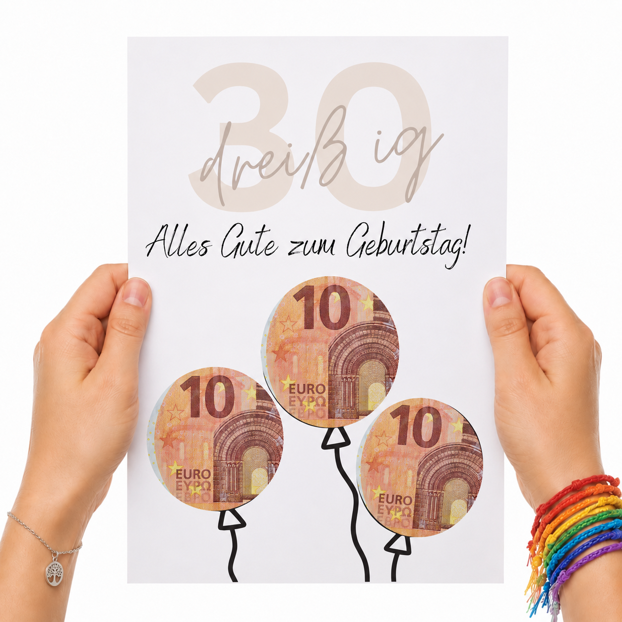Geldgeschenk zum 30 Geburtstag als Printable mit Luftballons aus Geldscheinen, minimalistisches Geburtstagsdesign in Beige und Schwarz zum Ausschneiden und Ausdrucken