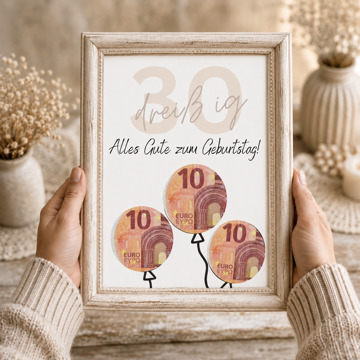 Geldgeschenk zum 30 Geburtstag als Printable mit Luftballons aus Geldscheinen, minimalistisches Geburtstagsdesign in Beige und Schwarz zum Ausschneiden und Ausdrucken