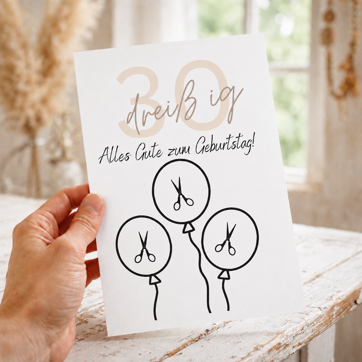 Geldgeschenk zum 30 Geburtstag als Printable mit Luftballons aus Geldscheinen, minimalistisches Geburtstagsdesign in Beige und Schwarz zum Ausschneiden und Ausdrucken