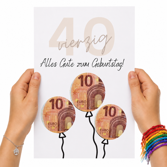 Geldgeschenk zum 40. Geburtstag als Printable mit drei Luftballons zum Ausschneiden, minimalistisches Design in Beige und Schwarz, Digital Download DIN A4