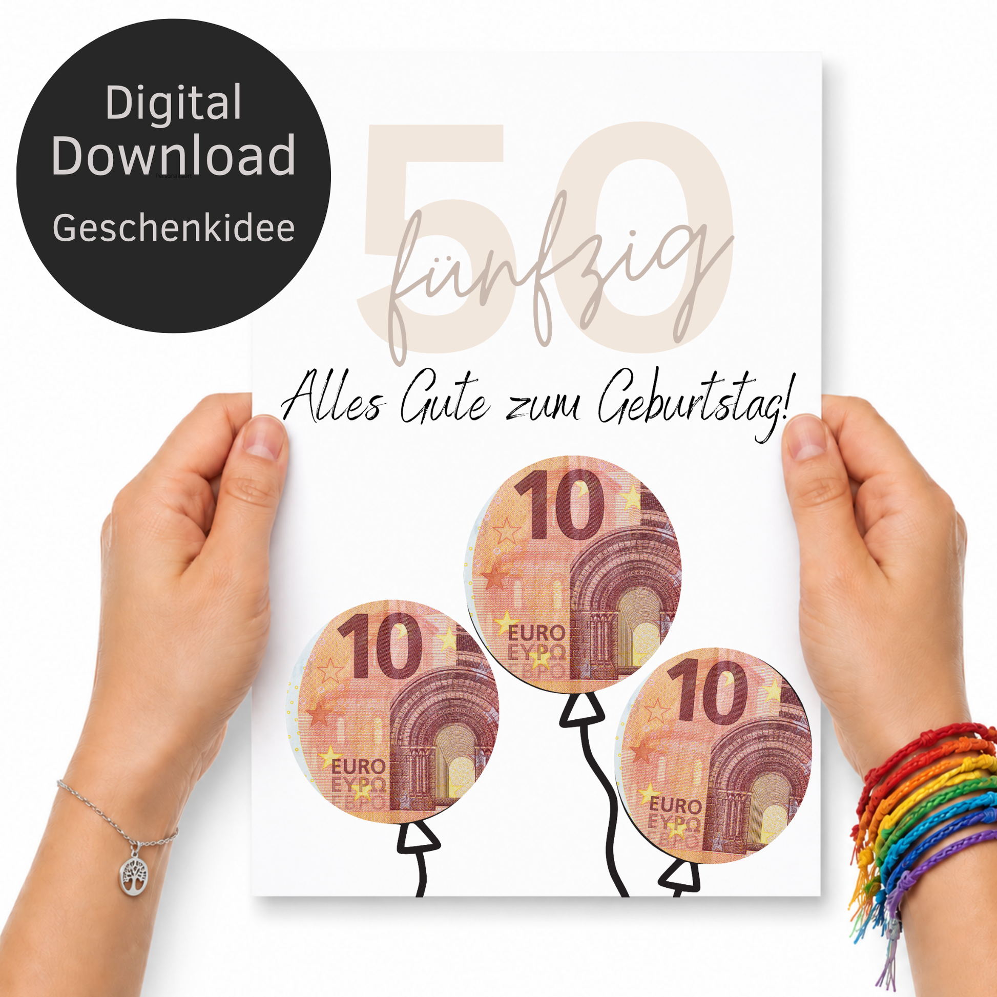 Geldgeschenk zum 50 Geburtstag als Printable mit Luftballons für Geldscheine, moderne Geburtstagskarte zum Ausdrucken in Beige und Schwarz, Digital Download DIN A4