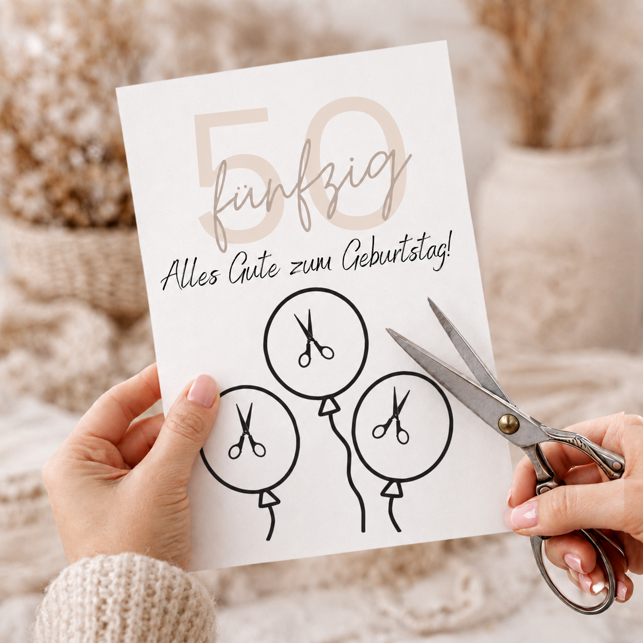 Geldgeschenk zum 50 Geburtstag als Printable mit Luftballons für Geldscheine, moderne Geburtstagskarte zum Ausdrucken in Beige und Schwarz, Digital Download DIN A4