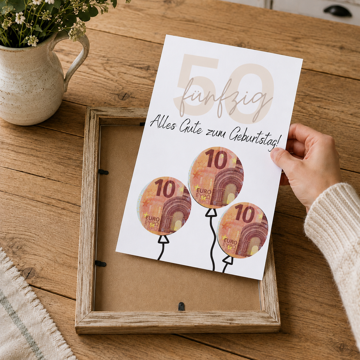 Geldgeschenk zum 50 Geburtstag als Printable mit Luftballons für Geldscheine, moderne Geburtstagskarte zum Ausdrucken in Beige und Schwarz, Digital Download DIN A4