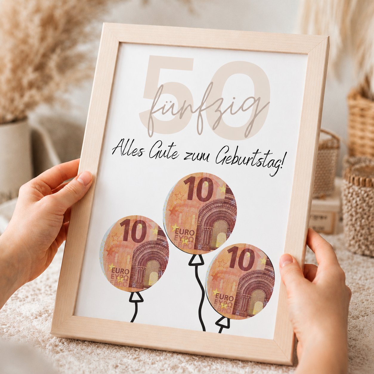 Geldgeschenk zum 50 Geburtstag als Printable mit Luftballons für Geldscheine, moderne Geburtstagskarte zum Ausdrucken in Beige und Schwarz, Digital Download DIN A4
