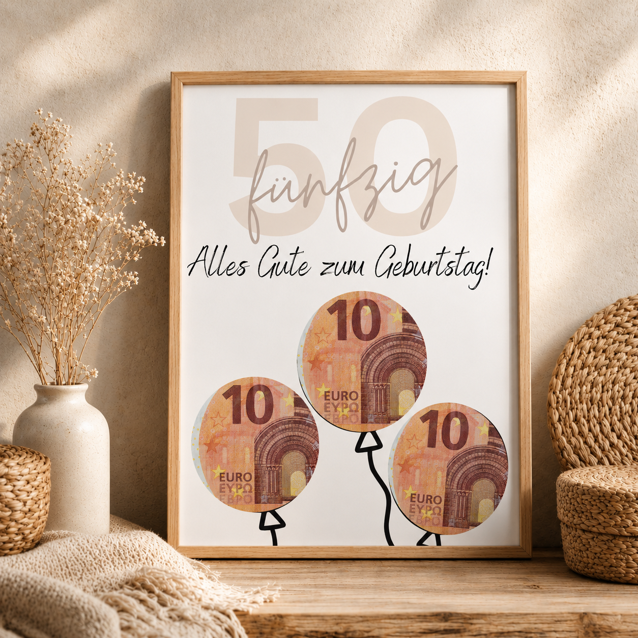 Geldgeschenk zum 50 Geburtstag als Printable mit Luftballons für Geldscheine, moderne Geburtstagskarte zum Ausdrucken in Beige und Schwarz, Digital Download DIN A4