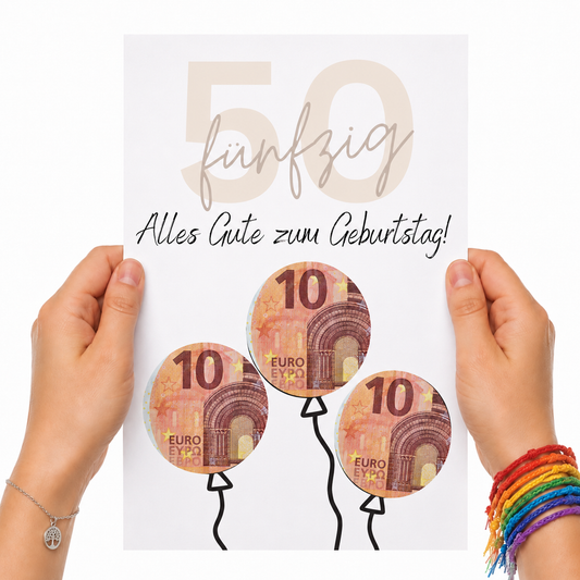 Geldgeschenk zum 50 Geburtstag als Printable mit Luftballons für Geldscheine, moderne Geburtstagskarte zum Ausdrucken in Beige und Schwarz, Digital Download DIN A4