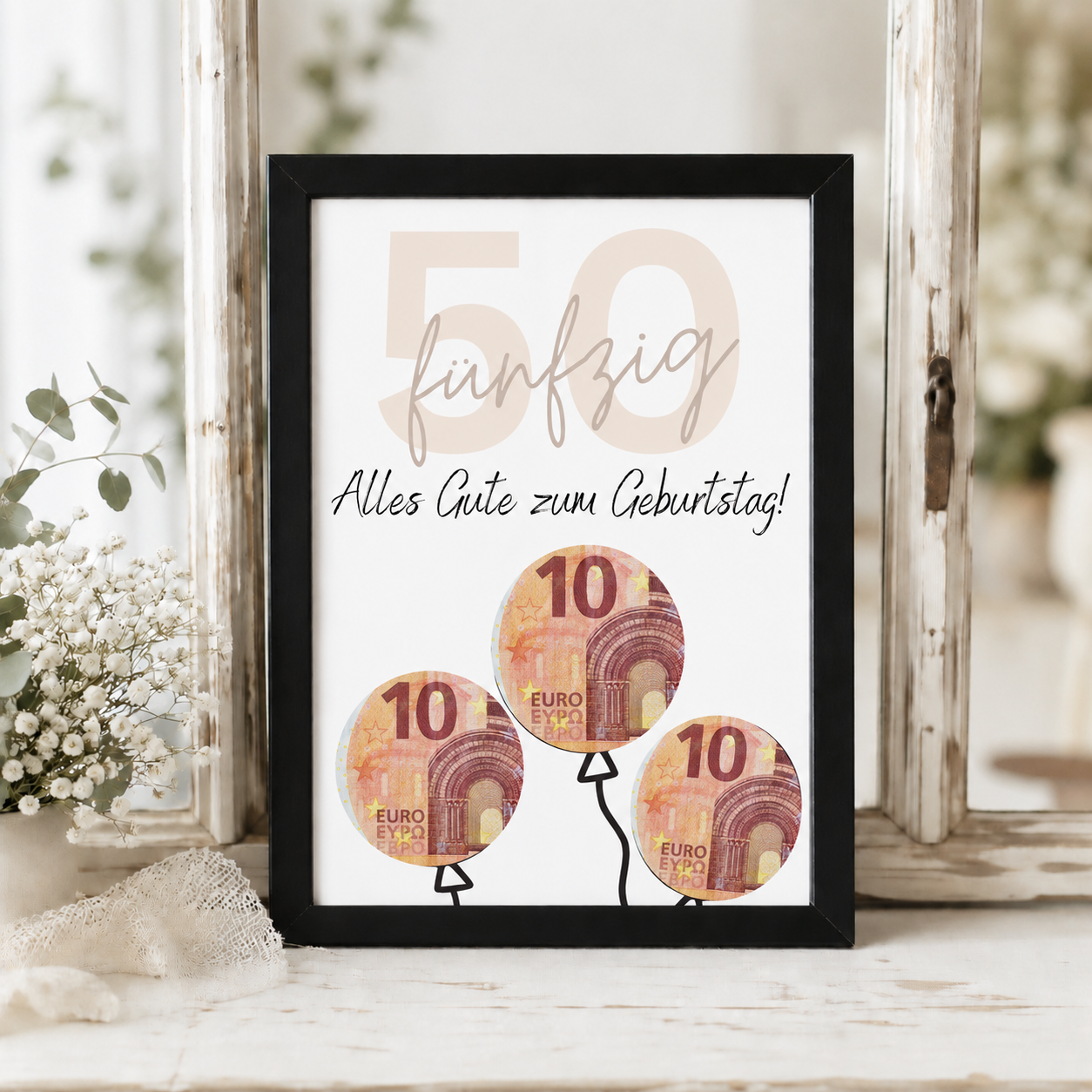 Geldgeschenk zum 50 Geburtstag als Printable mit Luftballons für Geldscheine, moderne Geburtstagskarte zum Ausdrucken in Beige und Schwarz, Digital Download DIN A4
