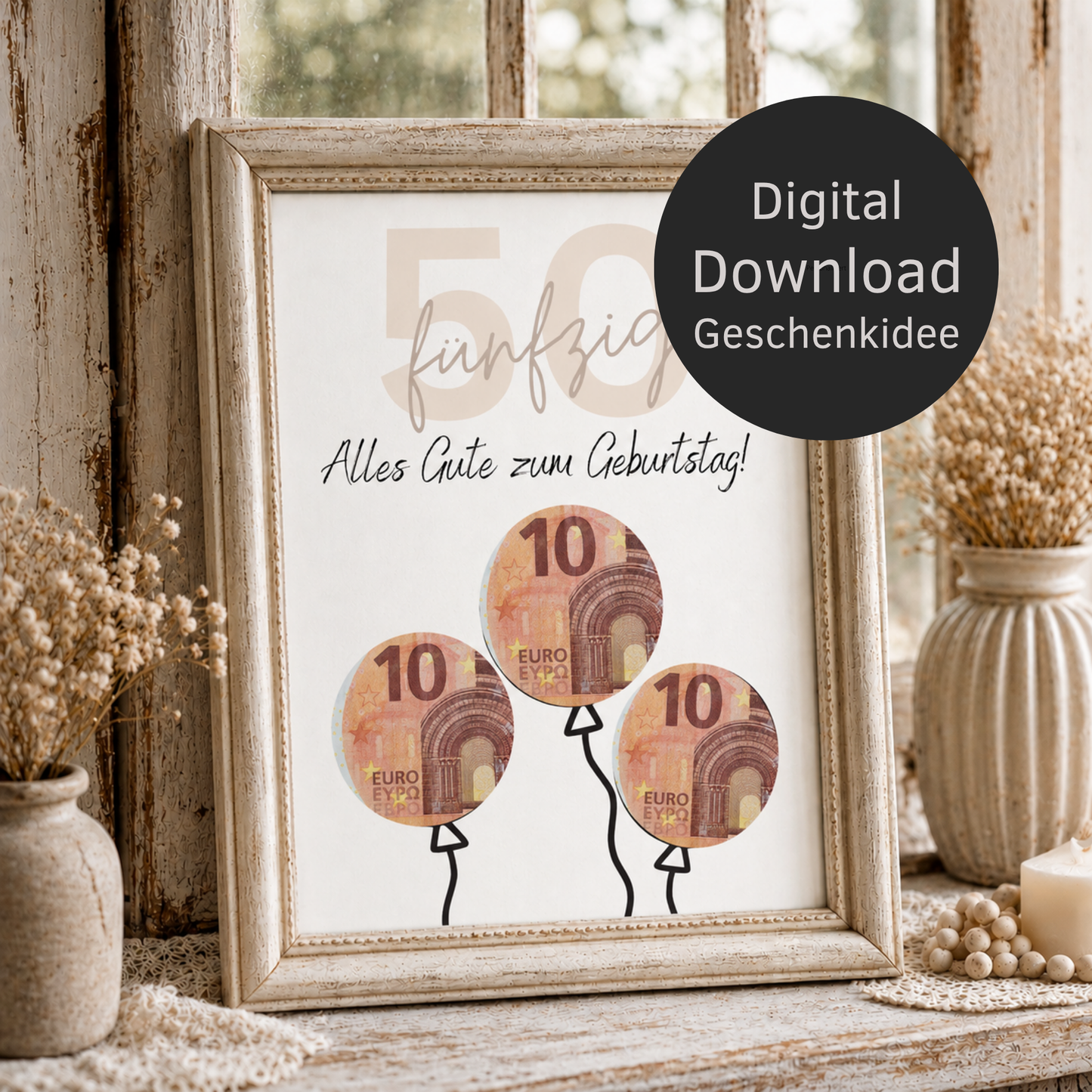 Geldgeschenk zum 50 Geburtstag als Printable mit Luftballons für Geldscheine, moderne Geburtstagskarte zum Ausdrucken in Beige und Schwarz, Digital Download DIN A4