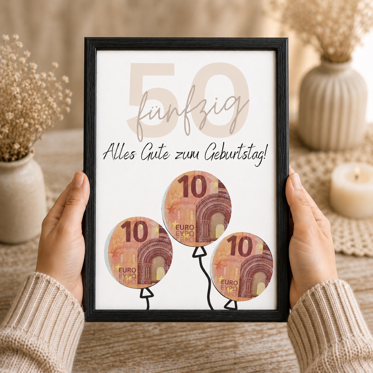 Geldgeschenk zum 50 Geburtstag als Printable mit Luftballons für Geldscheine, moderne Geburtstagskarte zum Ausdrucken in Beige und Schwarz, Digital Download DIN A4