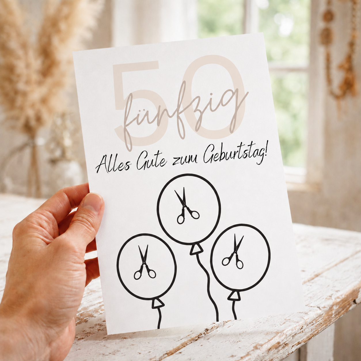 Geldgeschenk zum 50 Geburtstag als Printable mit Luftballons für Geldscheine, moderne Geburtstagskarte zum Ausdrucken in Beige und Schwarz, Digital Download DIN A4