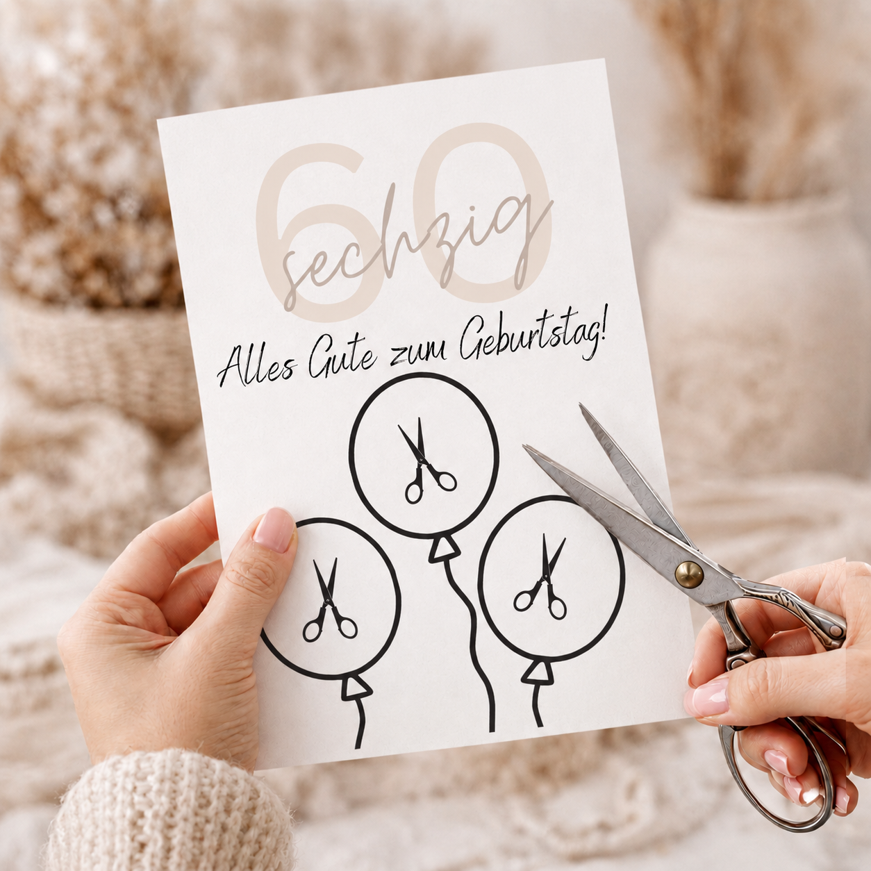 Geldgeschenk zum 60. Geburtstag als Printable mit Luftballons für Geldscheine, moderne Geburtstagsvorlage in Beige und Schwarz zum Ausdrucken als Digital Download