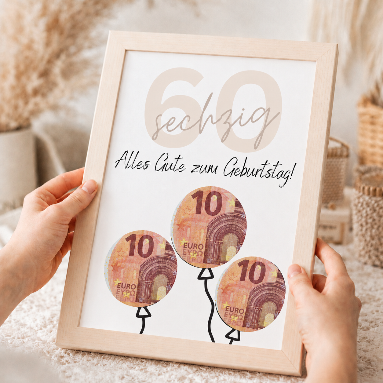Geldgeschenk zum 60. Geburtstag als Printable mit Luftballons für Geldscheine, moderne Geburtstagsvorlage in Beige und Schwarz zum Ausdrucken als Digital Download