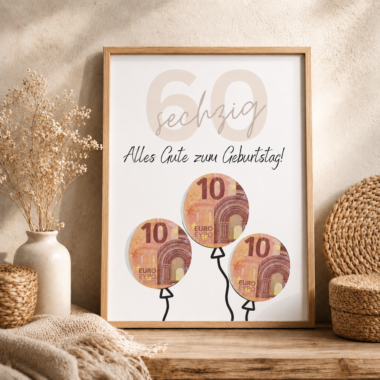 Geldgeschenk zum 60. Geburtstag als Printable mit Luftballons für Geldscheine, moderne Geburtstagsvorlage in Beige und Schwarz zum Ausdrucken als Digital Download