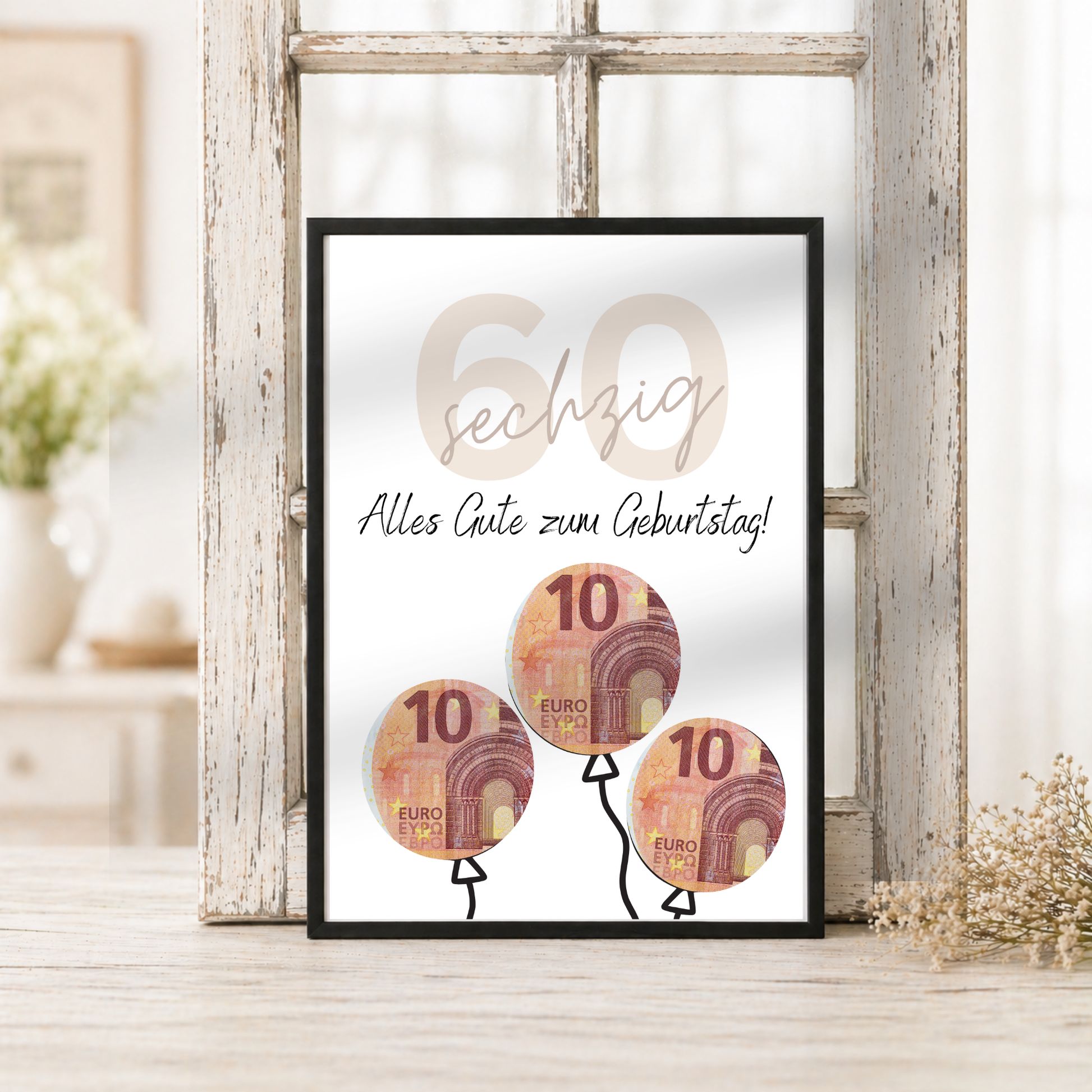 Geldgeschenk zum 60. Geburtstag als Printable mit Luftballons für Geldscheine, moderne Geburtstagsvorlage in Beige und Schwarz zum Ausdrucken als Digital Download