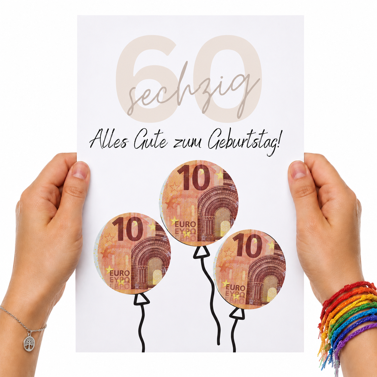 Geldgeschenk zum 60. Geburtstag als Printable mit Luftballons für Geldscheine, moderne Geburtstagsvorlage in Beige und Schwarz zum Ausdrucken als Digital Download