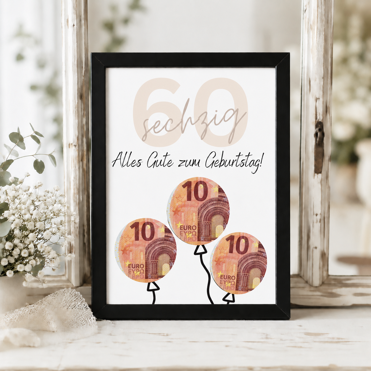 Geldgeschenk zum 60. Geburtstag als Printable mit Luftballons für Geldscheine, moderne Geburtstagsvorlage in Beige und Schwarz zum Ausdrucken als Digital Download