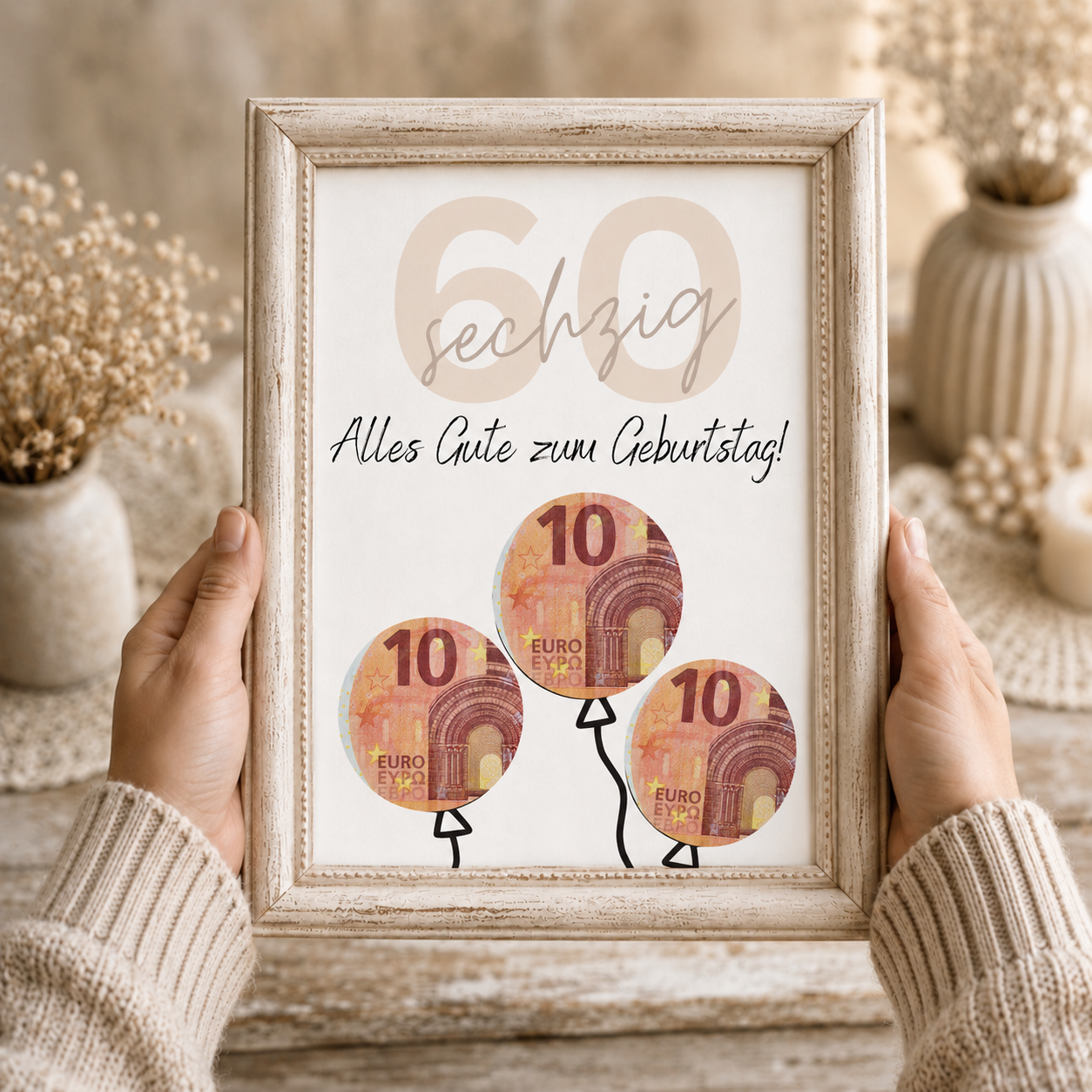 Geldgeschenk zum 60. Geburtstag als Printable mit Luftballons für Geldscheine, moderne Geburtstagsvorlage in Beige und Schwarz zum Ausdrucken als Digital Download