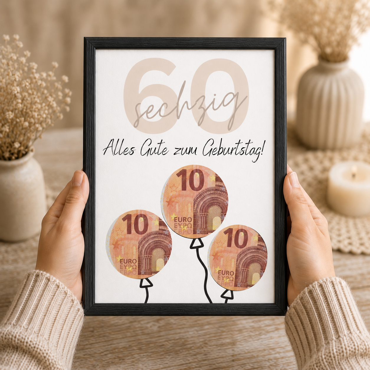 Geldgeschenk zum 60. Geburtstag als Printable mit Luftballons für Geldscheine, moderne Geburtstagsvorlage in Beige und Schwarz zum Ausdrucken als Digital Download