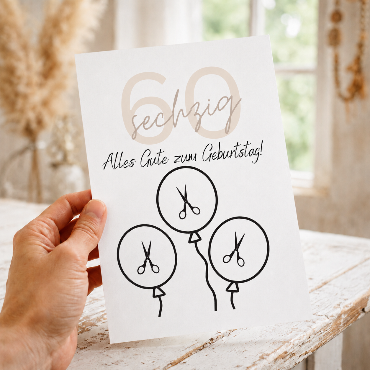 Geldgeschenk zum 60. Geburtstag als Printable mit Luftballons für Geldscheine, moderne Geburtstagsvorlage in Beige und Schwarz zum Ausdrucken als Digital Download