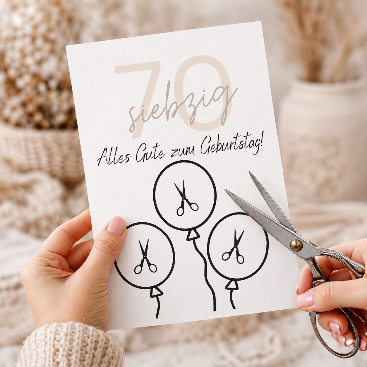 Geldgeschenk zum 70. Geburtstag als Printable mit Luftballons für Geldscheine, modernes Design in Beige und Schwarz, PDF Download zum Ausdrucken