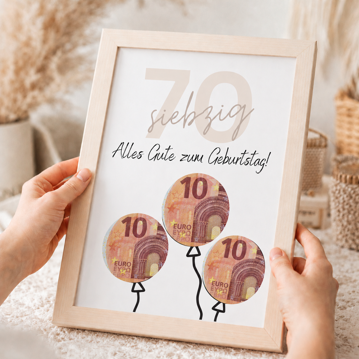 Geldgeschenk zum 70. Geburtstag als Printable mit Luftballons für Geldscheine, modernes Design in Beige und Schwarz, PDF Download zum Ausdrucken