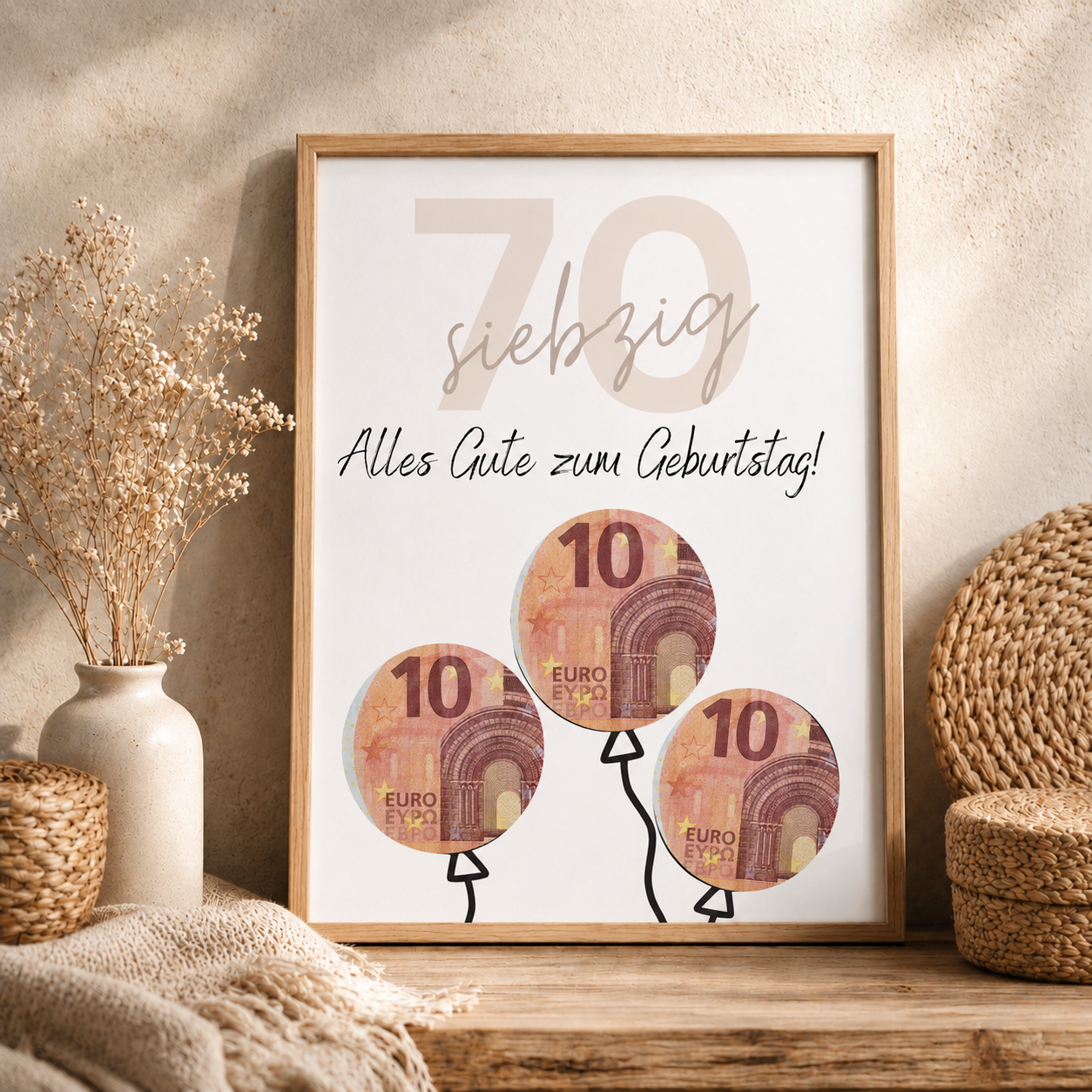 Geldgeschenk zum 70. Geburtstag als Printable mit Luftballons für Geldscheine, modernes Design in Beige und Schwarz, PDF Download zum Ausdrucken