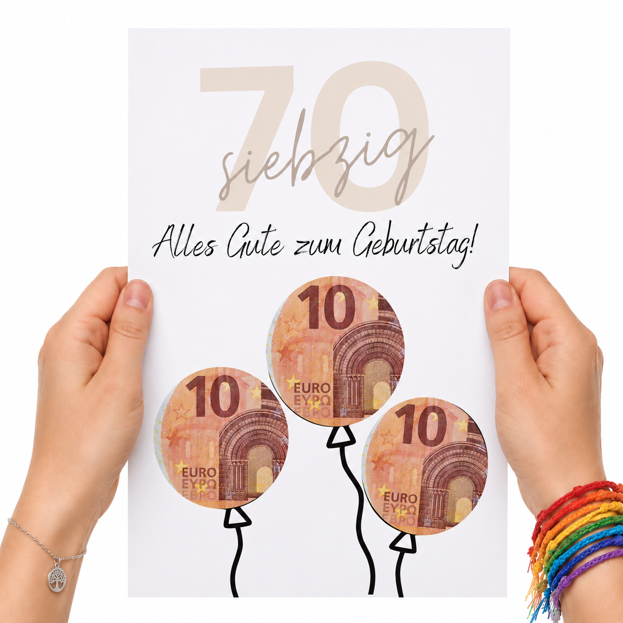 Geldgeschenk zum 70. Geburtstag als Printable mit Luftballons für Geldscheine, modernes Design in Beige und Schwarz, PDF Download zum Ausdrucken