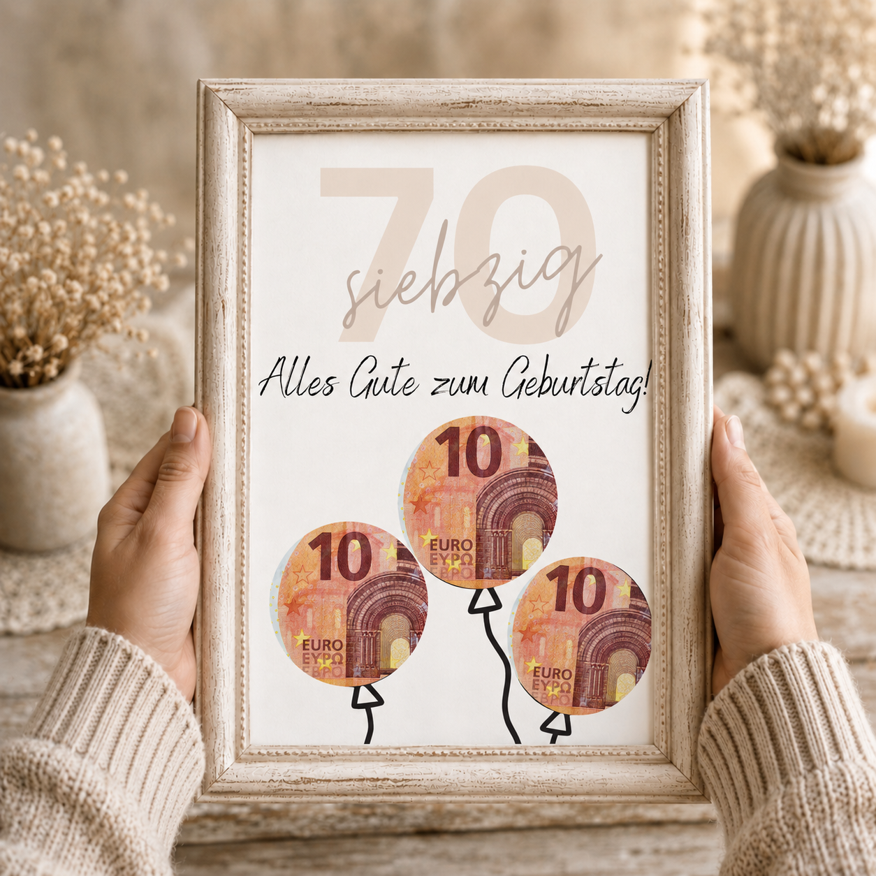 Geldgeschenk zum 70. Geburtstag als Printable mit Luftballons für Geldscheine, modernes Design in Beige und Schwarz, PDF Download zum Ausdrucken