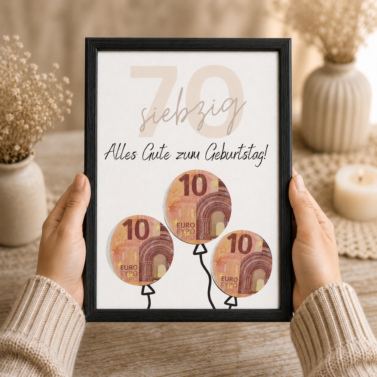 Geldgeschenk zum 70. Geburtstag als Printable mit Luftballons für Geldscheine, modernes Design in Beige und Schwarz, PDF Download zum Ausdrucken