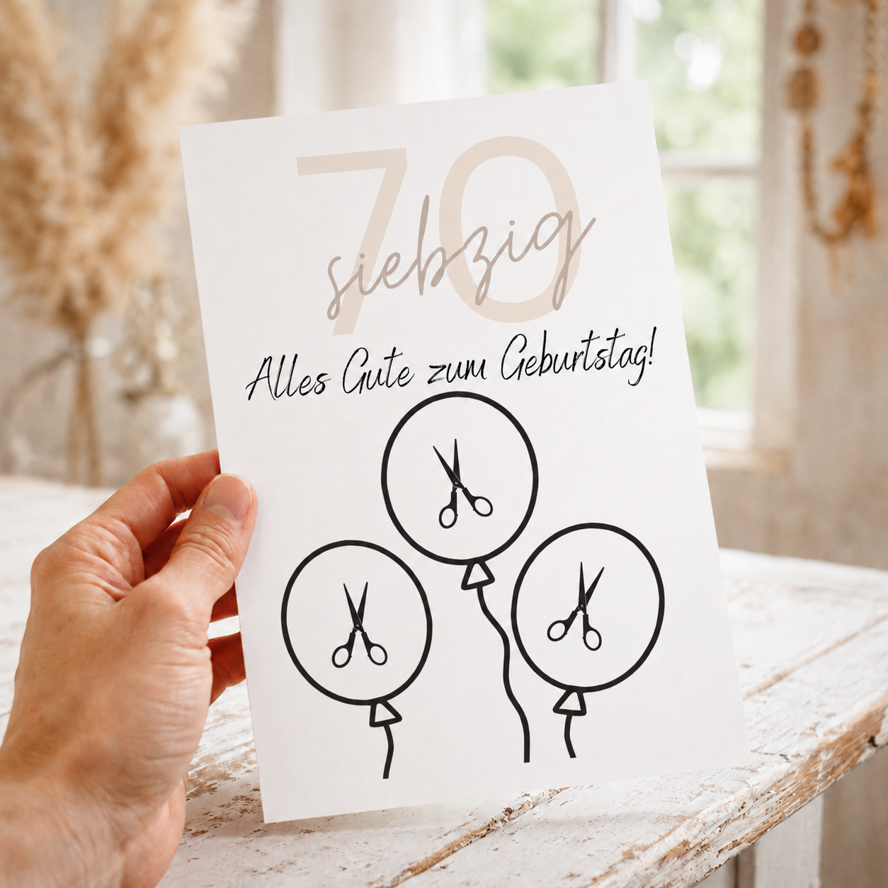 Geldgeschenk zum 70. Geburtstag als Printable mit Luftballons für Geldscheine, modernes Design in Beige und Schwarz, PDF Download zum Ausdrucken