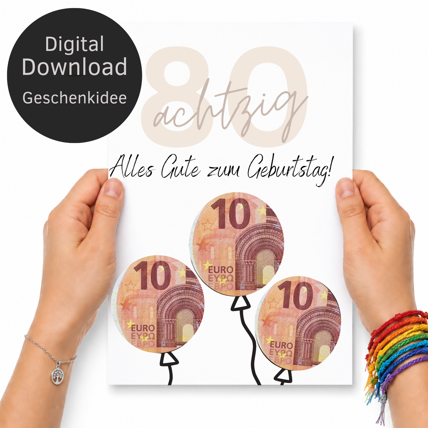 Geldgeschenk zum 80. Geburtstag als Printable mit Luftballons, großer Zahl 80, Geburtstagsgruß und ausschneidbaren Kreisen für Geldscheine im modernen Design