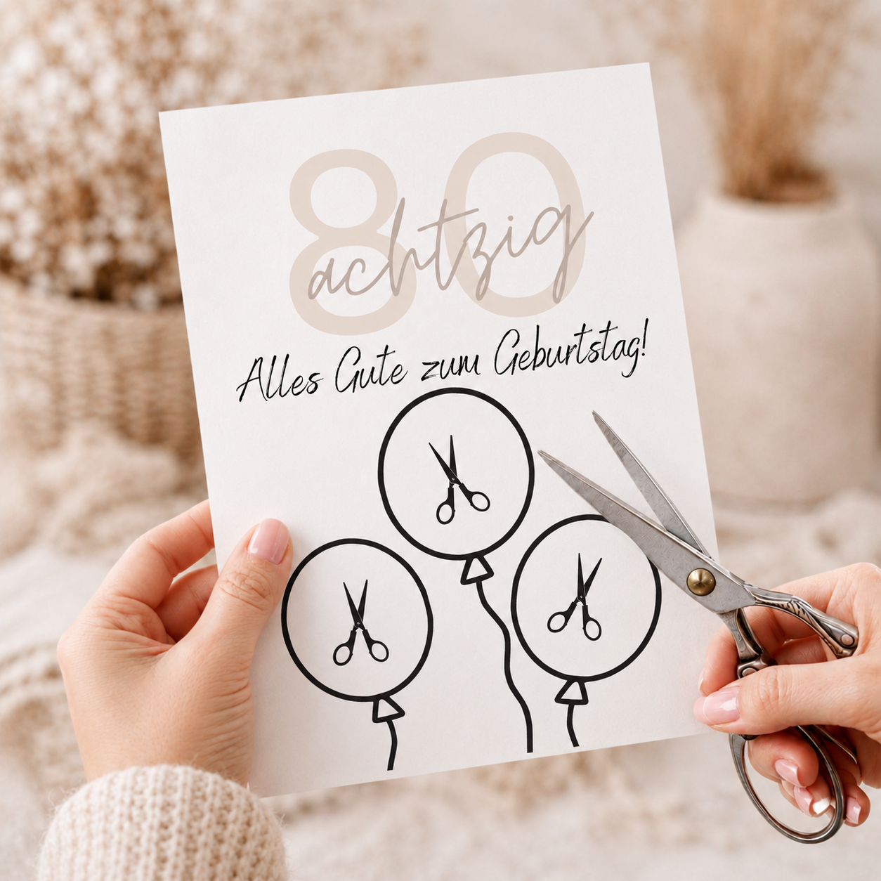 Geldgeschenk zum 80. Geburtstag als Printable mit Luftballons, großer Zahl 80, Geburtstagsgruß und ausschneidbaren Kreisen für Geldscheine im modernen Design
