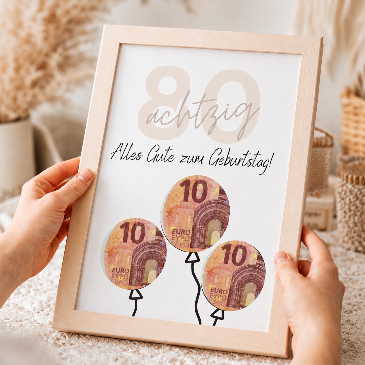 Geldgeschenk zum 80. Geburtstag als Printable mit Luftballons, großer Zahl 80, Geburtstagsgruß und ausschneidbaren Kreisen für Geldscheine im modernen Design