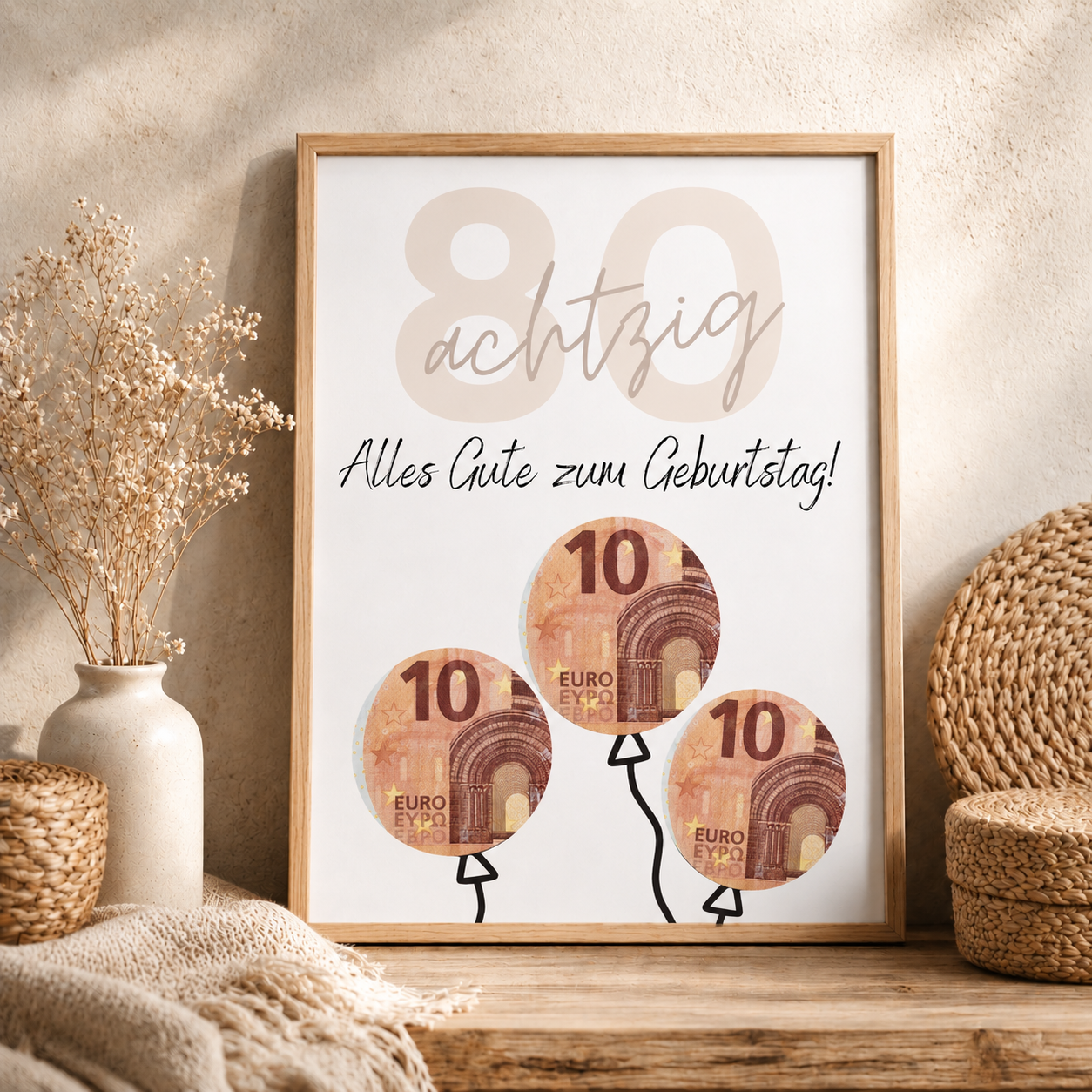 Geldgeschenk zum 80. Geburtstag als Printable mit Luftballons, großer Zahl 80, Geburtstagsgruß und ausschneidbaren Kreisen für Geldscheine im modernen Design