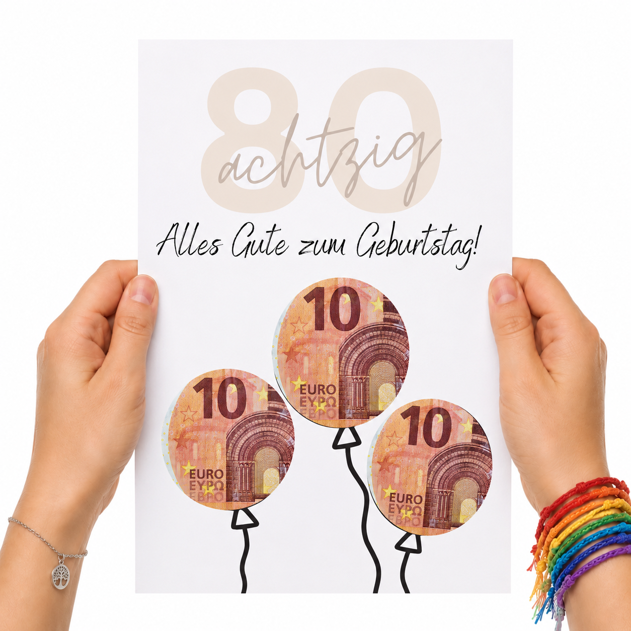 Geldgeschenk zum 80. Geburtstag als Printable mit Luftballons, großer Zahl 80, Geburtstagsgruß und ausschneidbaren Kreisen für Geldscheine im modernen Design