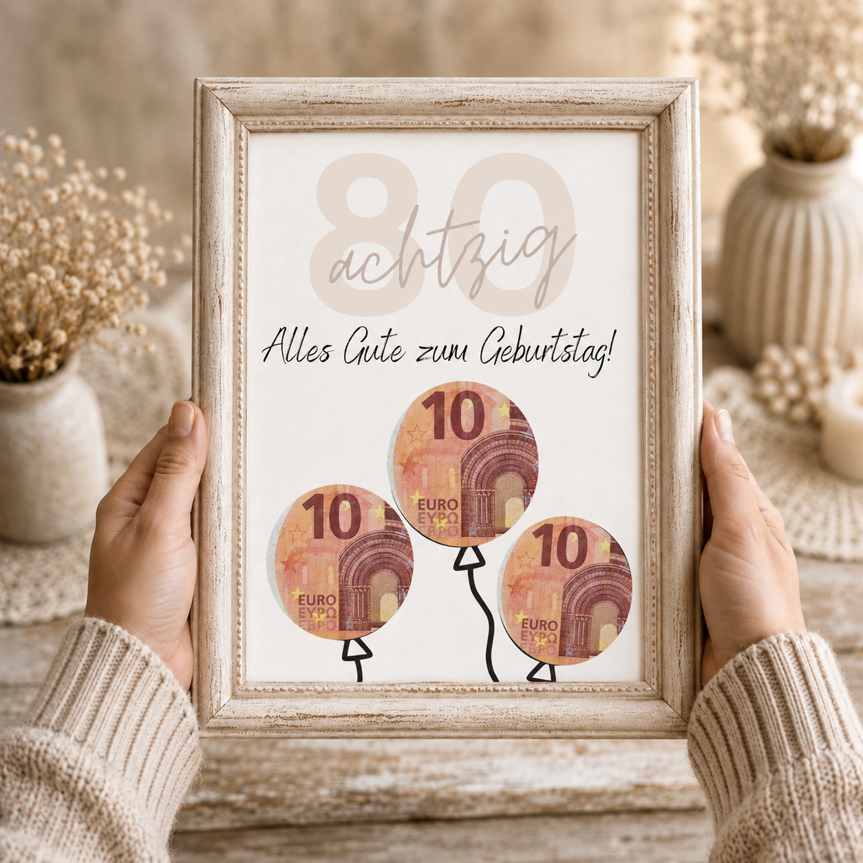 Geldgeschenk zum 80. Geburtstag als Printable mit Luftballons, großer Zahl 80, Geburtstagsgruß und ausschneidbaren Kreisen für Geldscheine im modernen Design