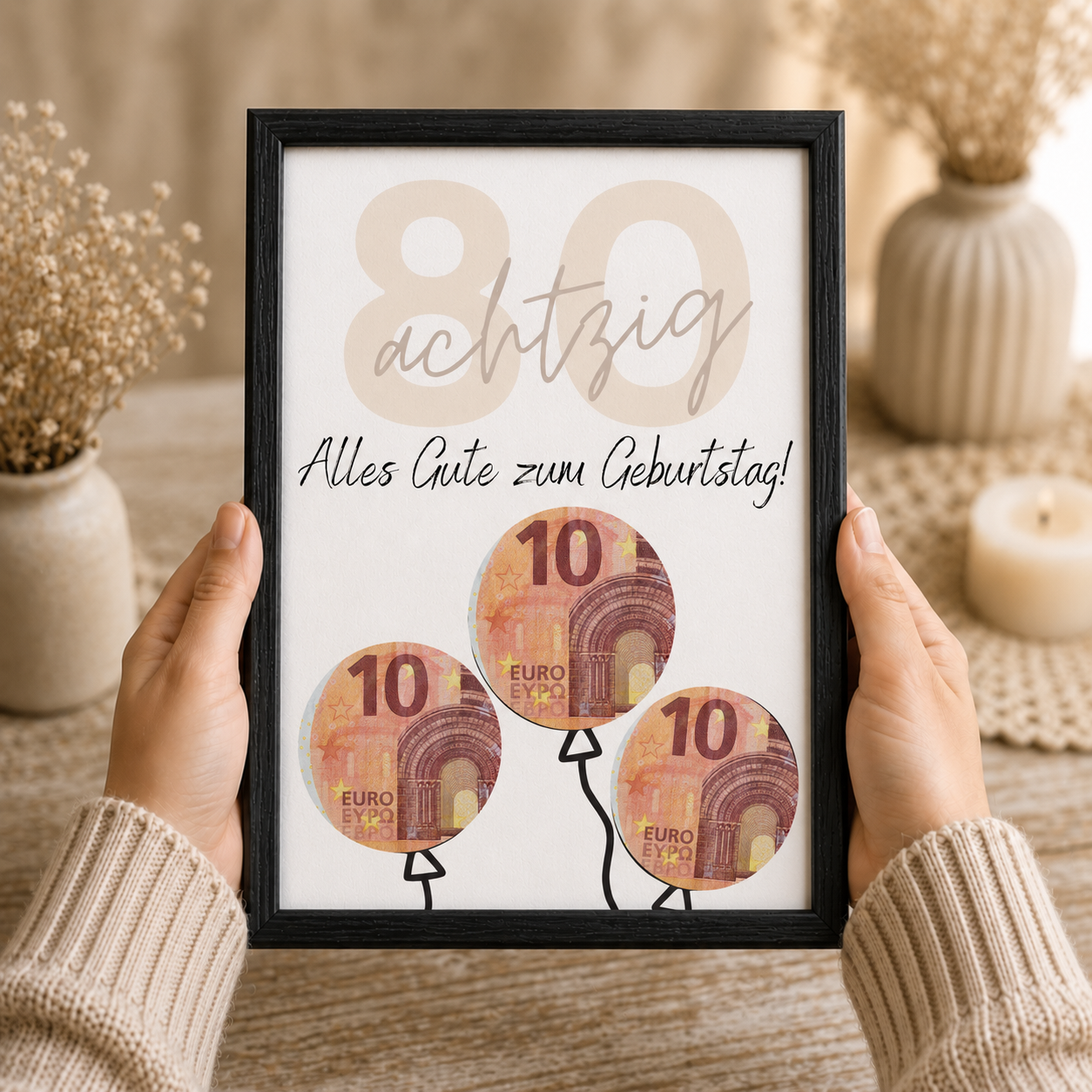 Geldgeschenk zum 80. Geburtstag als Printable mit Luftballons, großer Zahl 80, Geburtstagsgruß und ausschneidbaren Kreisen für Geldscheine im modernen Design