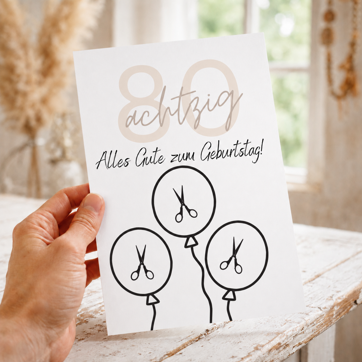 Geldgeschenk zum 80. Geburtstag als Printable mit Luftballons, großer Zahl 80, Geburtstagsgruß und ausschneidbaren Kreisen für Geldscheine im modernen Design