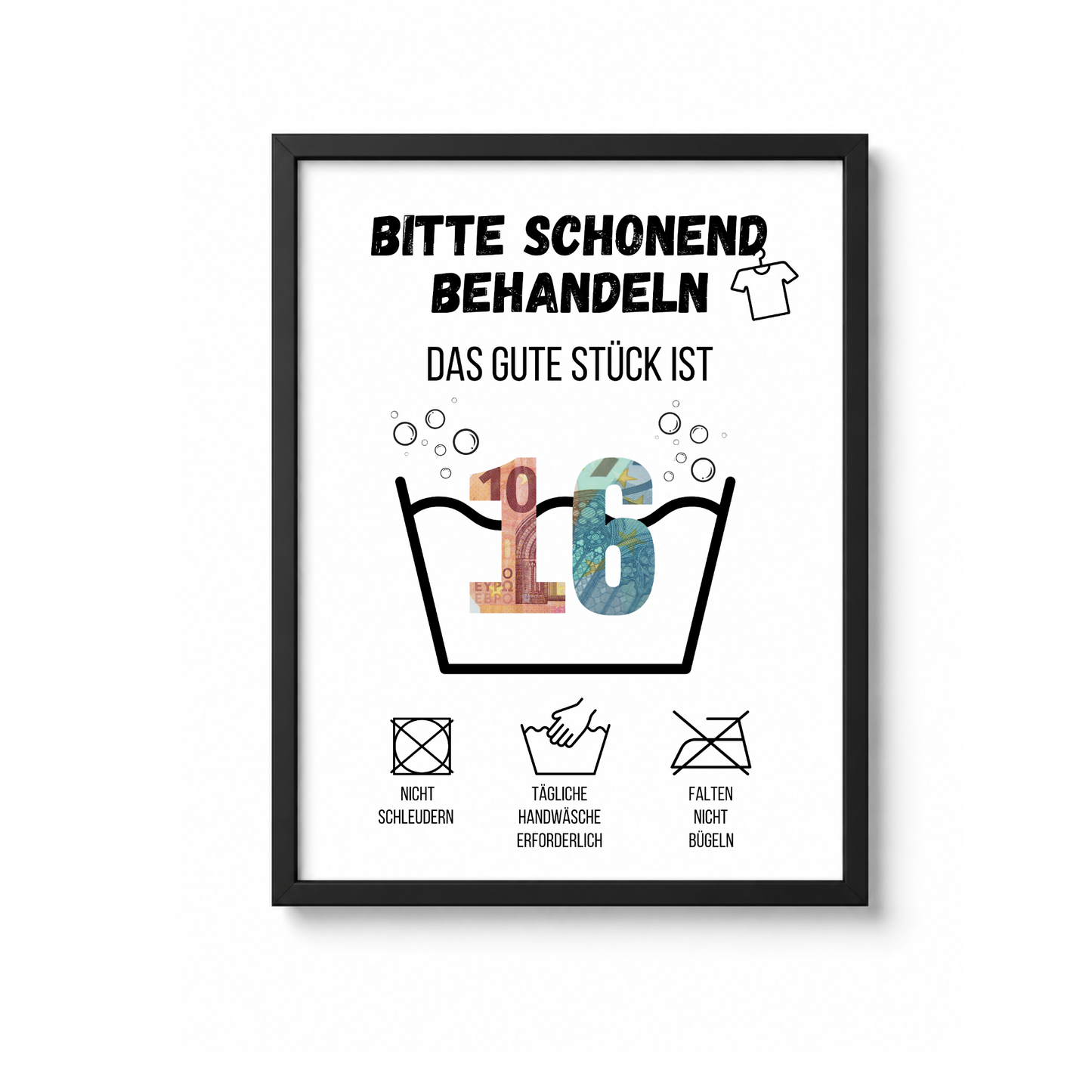Geldgeschenk zum 16. Geburtstag basteln? Entdecke die lustige Waschanleitung als Digital Download zum Ausdrucken (DIN A4). Perfekt als Last-Minute-Geschenk!