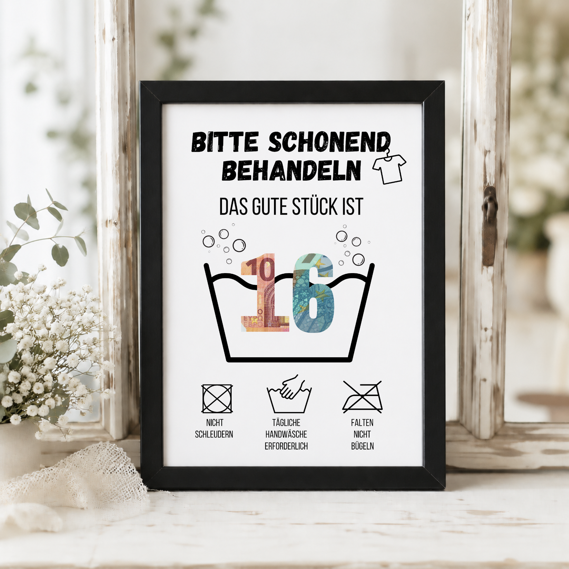 Geldgeschenk zum 16. Geburtstag basteln? Entdecke die lustige Waschanleitung als Digital Download zum Ausdrucken (DIN A4). Perfekt als Last-Minute-Geschenk!