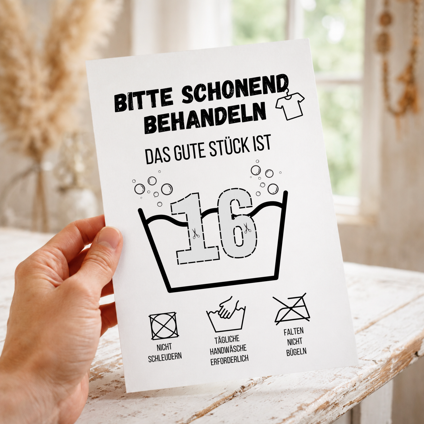 Geldgeschenk zum 16. Geburtstag basteln? Entdecke die lustige Waschanleitung als Digital Download zum Ausdrucken (DIN A4). Perfekt als Last-Minute-Geschenk!