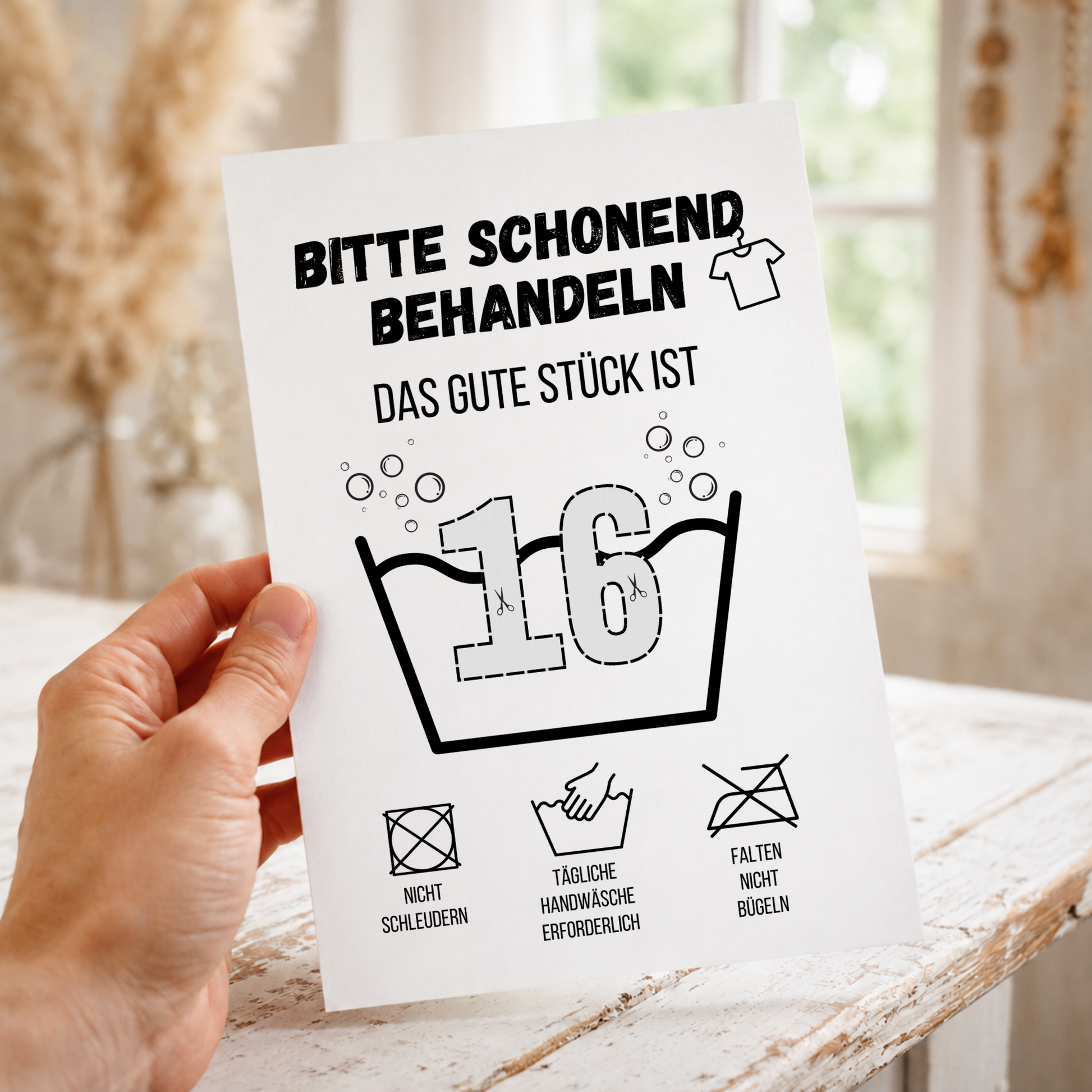 Geldgeschenk zum 16. Geburtstag basteln? Entdecke die lustige Waschanleitung als Digital Download zum Ausdrucken (DIN A4). Perfekt als Last-Minute-Geschenk!