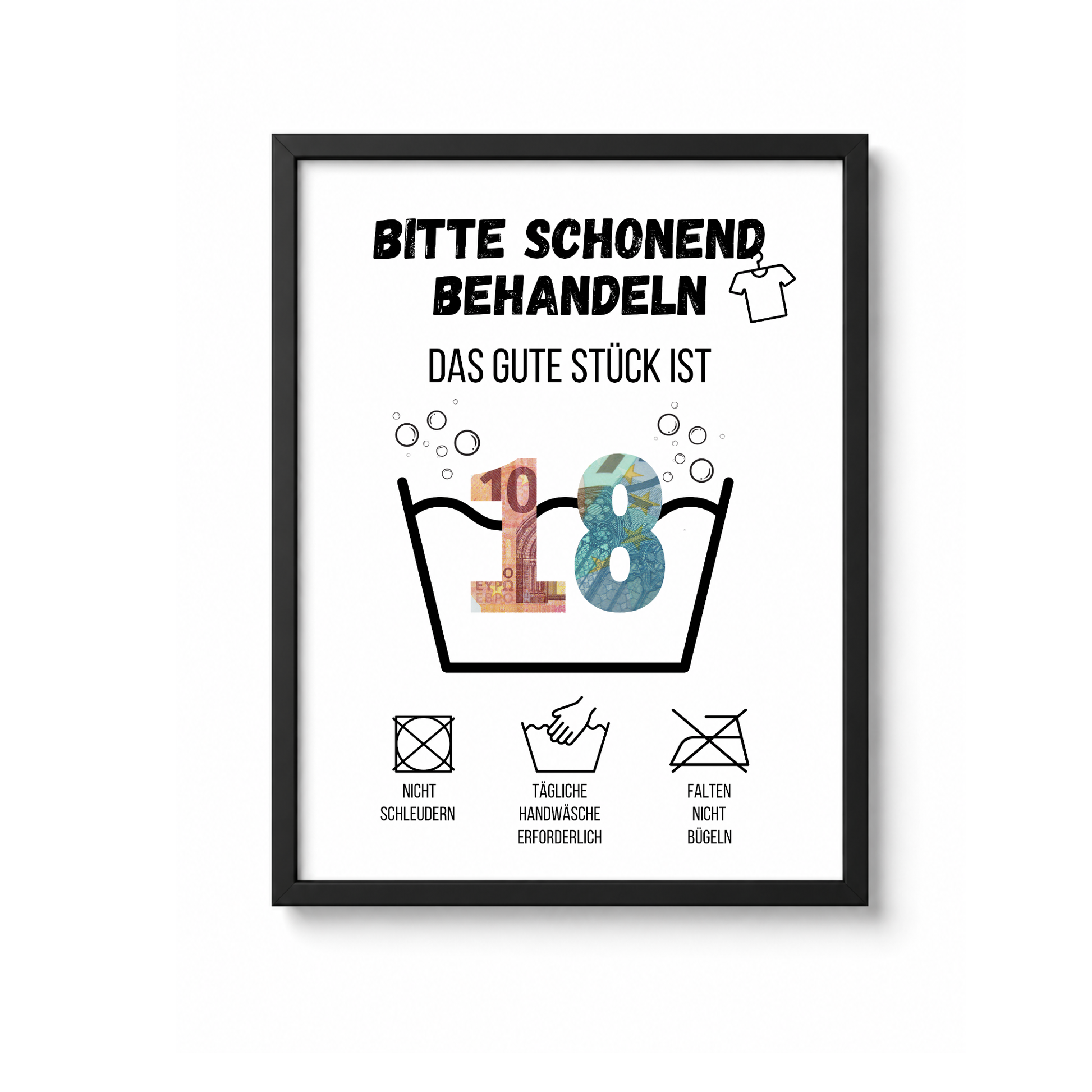 Geldgeschenk zum 18. Geburtstag Waschanleitung mit Euro-Scheinen in der Waschwanne und lustigen Pflegesymbolen, digitaler Download als DIN A4 Printable.