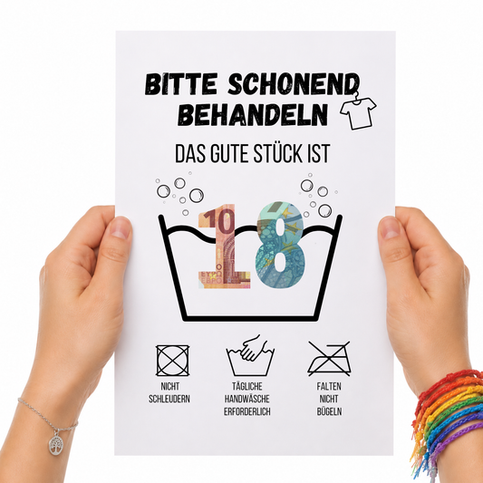 Geldgeschenk zum 18. Geburtstag Waschanleitung mit Euro-Scheinen in der Waschwanne und lustigen Pflegesymbolen, digitaler Download als DIN A4 Printable.