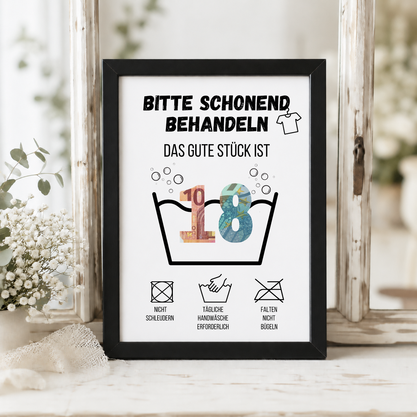 Geldgeschenk zum 18. Geburtstag Waschanleitung mit Euro-Scheinen in der Waschwanne und lustigen Pflegesymbolen, digitaler Download als DIN A4 Printable.