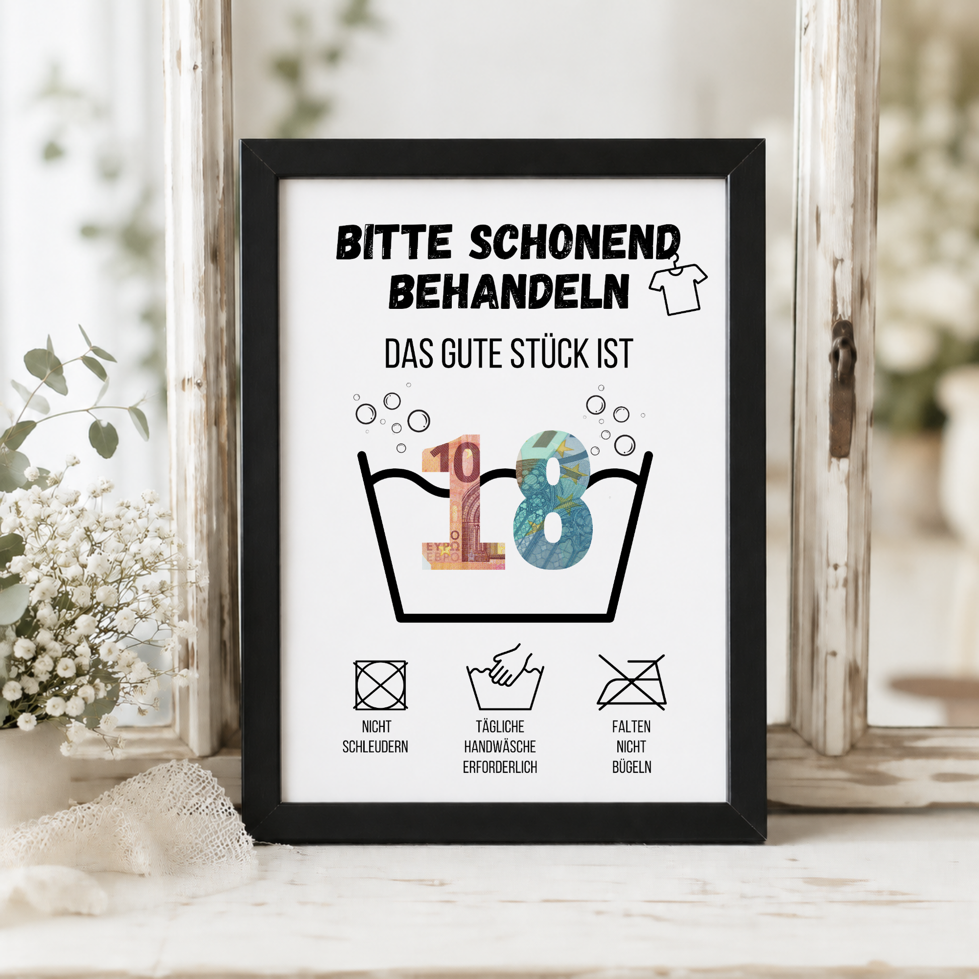 Geldgeschenk zum 18. Geburtstag Waschanleitung mit Euro-Scheinen in der Waschwanne und lustigen Pflegesymbolen, digitaler Download als DIN A4 Printable.