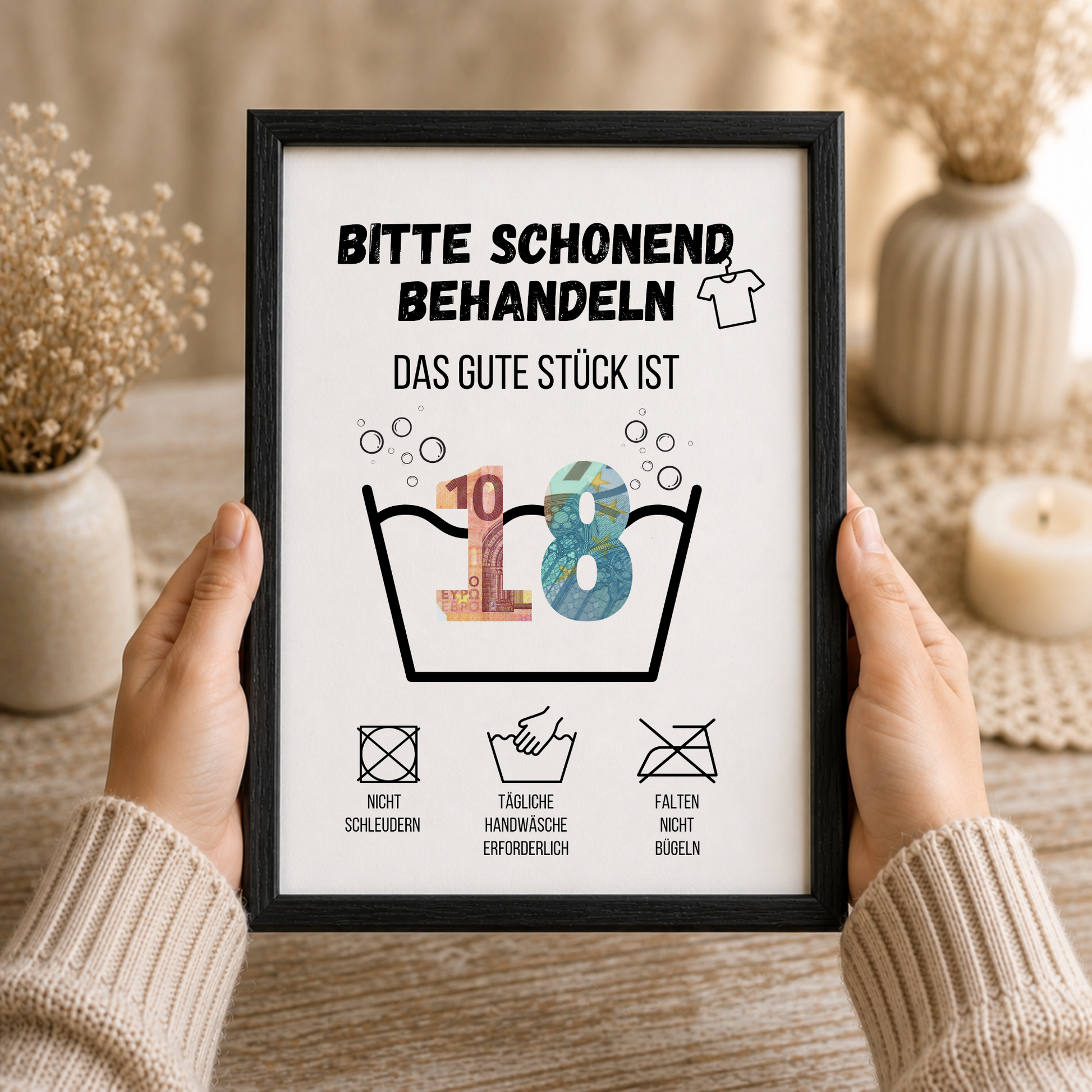 Geldgeschenk zum 18. Geburtstag Waschanleitung mit Euro-Scheinen in der Waschwanne und lustigen Pflegesymbolen, digitaler Download als DIN A4 Printable.