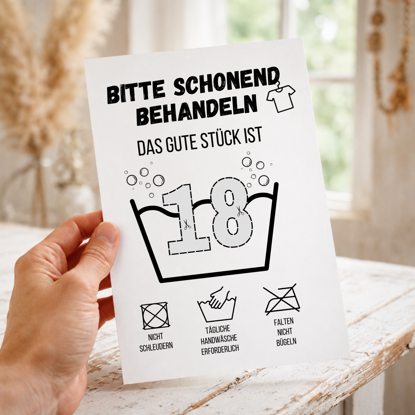 Geldgeschenk zum 18. Geburtstag Waschanleitung mit Euro-Scheinen in der Waschwanne und lustigen Pflegesymbolen, digitaler Download als DIN A4 Printable.