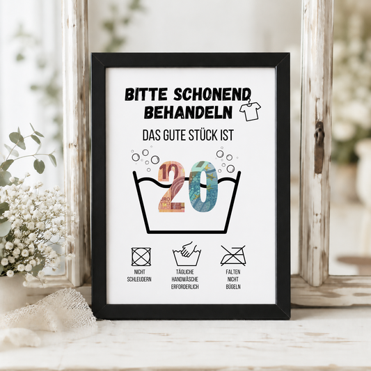 Geldgeschenk zum 20. Geburtstag Waschanleitung mit Euro-Scheinen in der Waschwanne und lustigen Pflegesymbolen, digitaler Download als DIN A4 Printable.