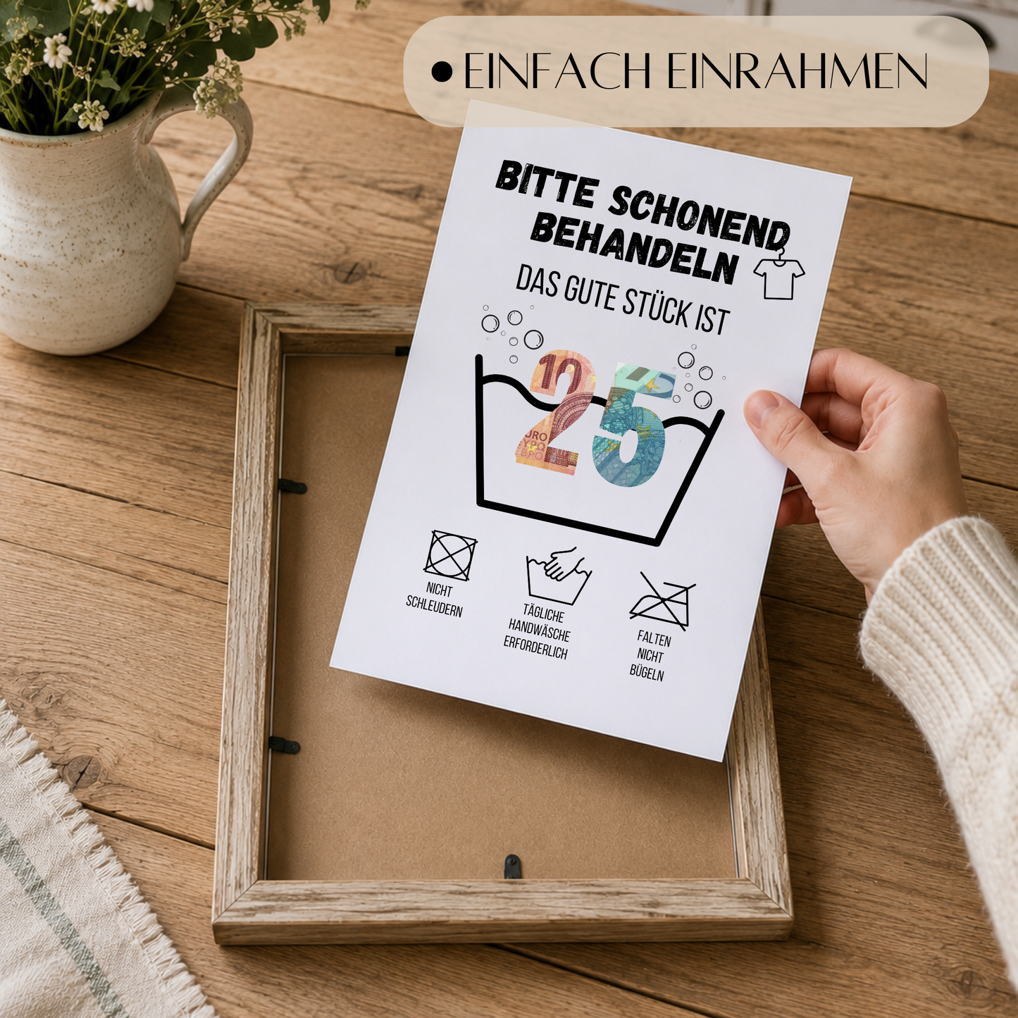 Geldgeschenk zum 25. Geburtstag Waschanleitung mit Euro-Scheinen in der Waschwanne und lustigen Pflegesymbolen, digitaler Download als DIN A4 Printable.